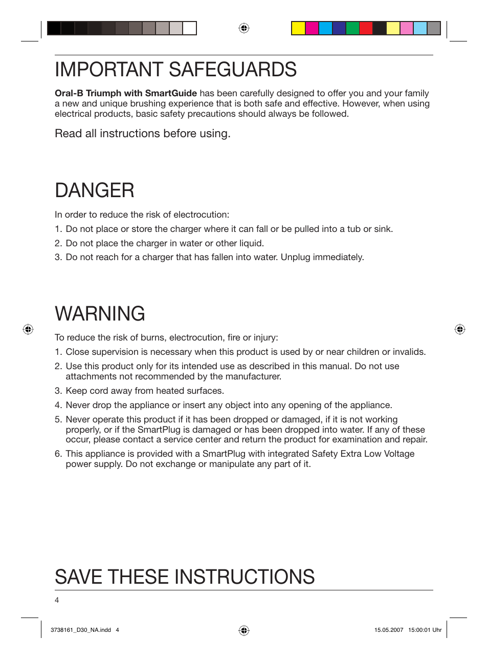 Important safeguards, Danger, Warning | Save these instructions | Braun Triumph Toothbrush User Manual | Page 4 / 30