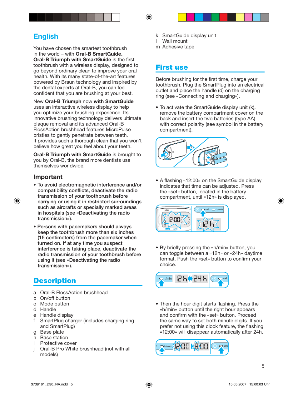 English, Description, First use | Important | Braun Triumph Toothbrush User Manual | Page 5 / 30