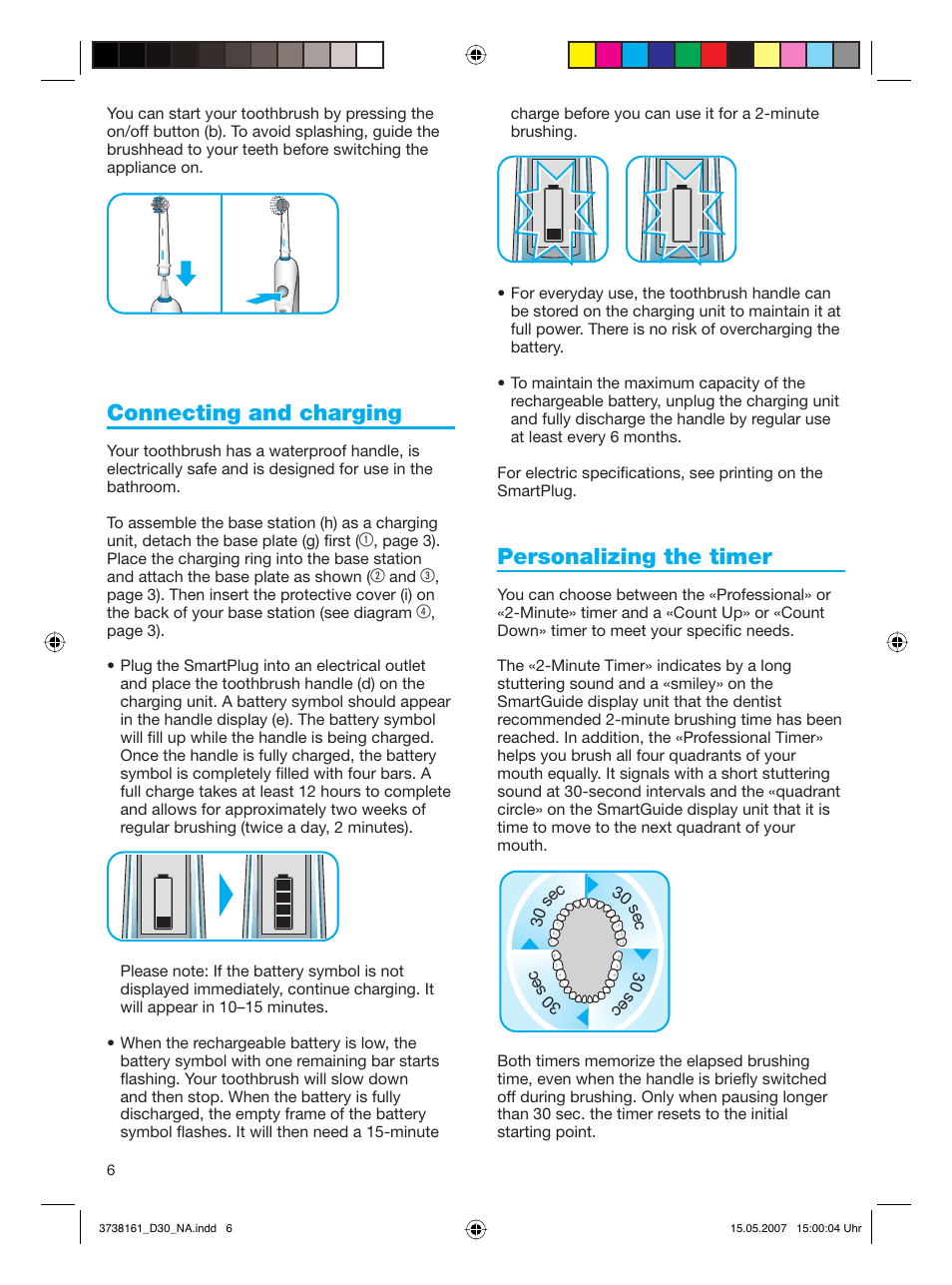Connecting and charging, Personalizing the timer | Braun Triumph Toothbrush User Manual | Page 6 / 30