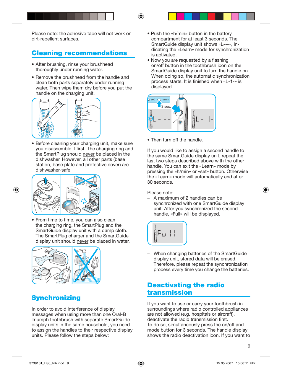 Cleaning recommendations, Synchronizing, Deactivating the radio transmission | Braun Triumph Toothbrush User Manual | Page 9 / 30