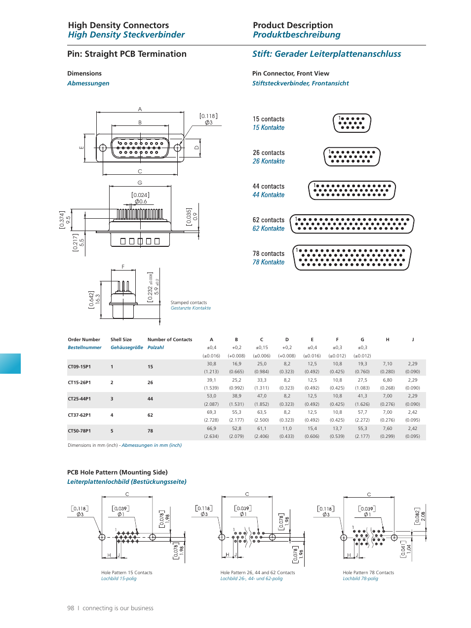 Pin: straight pcb termination, Stift: gerader leiterplattenanschluss | FMK High Density D-Sub User Manual | Page 4 / 9