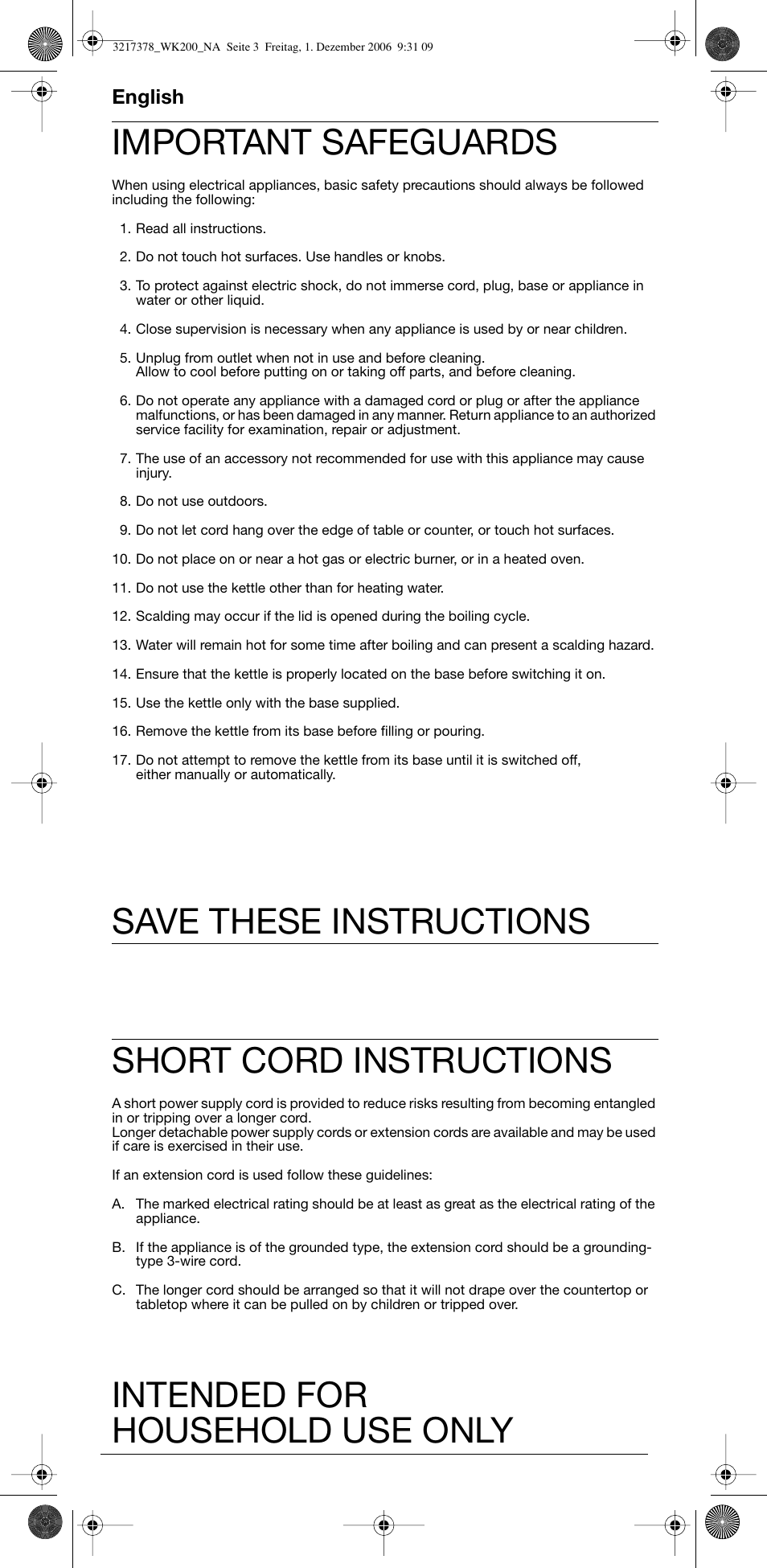 Important safeguards, Short cord instructions, English | Braun 3219 User Manual | Page 3 / 8