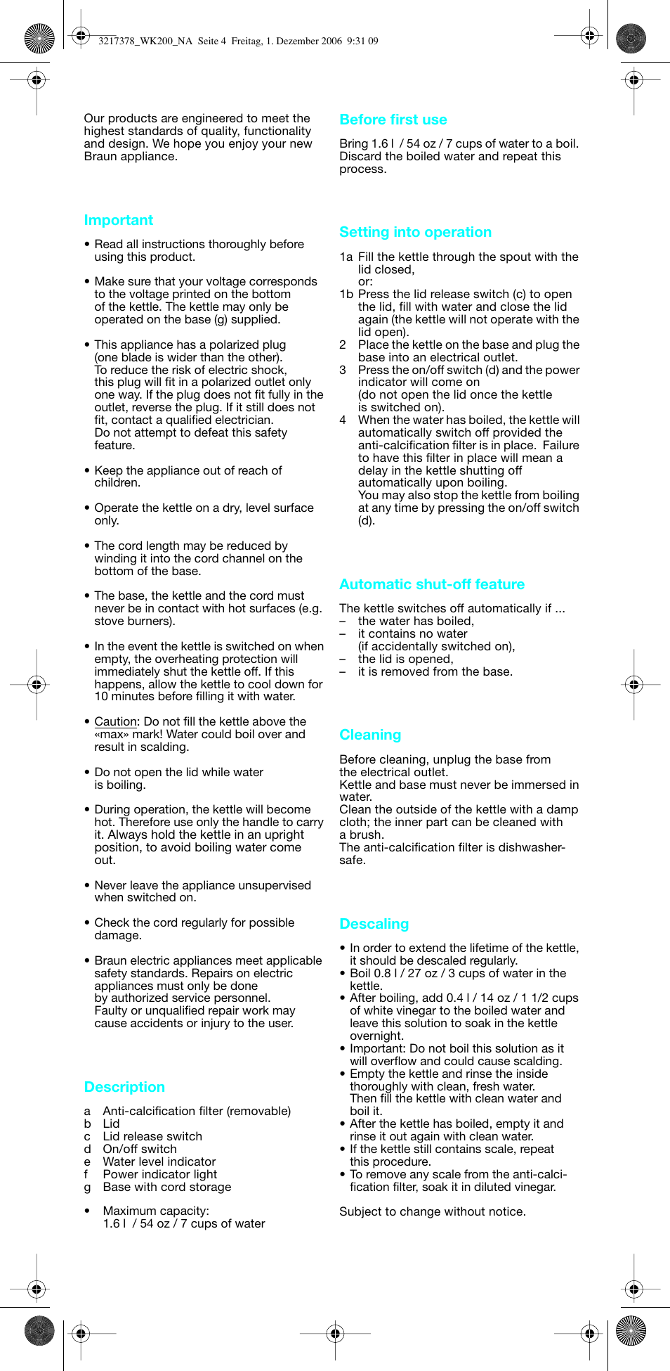 Important, Description, Before first use | Setting into operation, Automatic shut-off feature, Cleaning, Descaling | Braun 3219 User Manual | Page 4 / 8