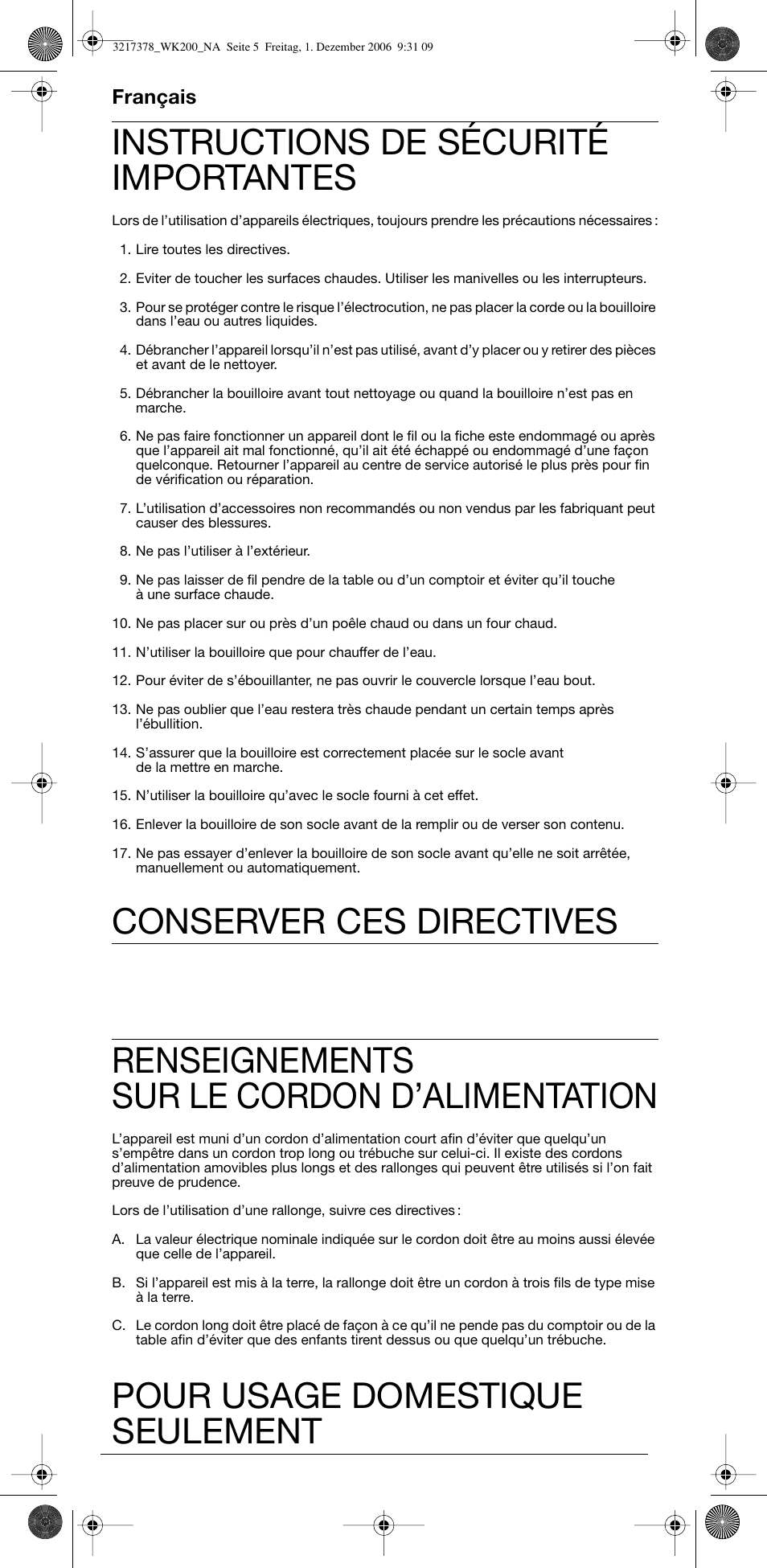 Instructions de sécurité importantes, Renseignements sur le cordon d’alimentation, Français | Braun 3219 User Manual | Page 5 / 8