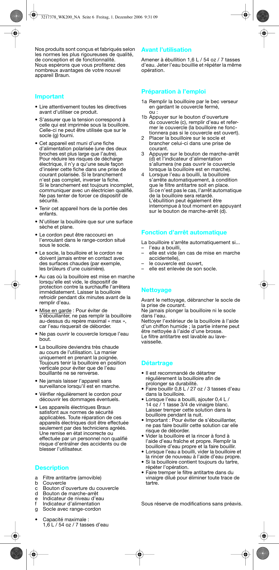 Important, Description, Avant l’utilisation | Préparation à l’emploi, Fonction d’arrêt automatique, Nettoyage, Détartrage | Braun 3219 User Manual | Page 6 / 8