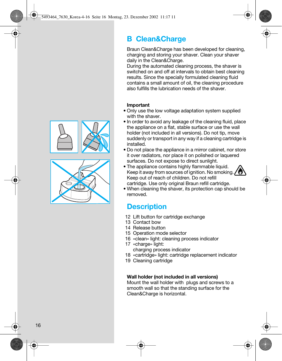 B clean&charge, Description | Braun SyncroSystem 7630 User Manual | Page 16 / 19