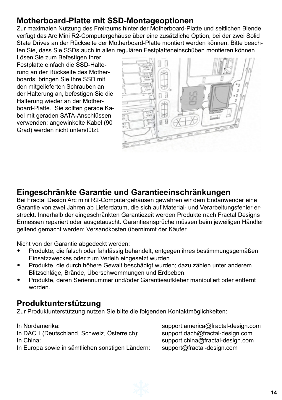 Motherboard-platte mit ssd-montageoptionen, Produktunterstützung | Fractal Design Arc Mini R2 User Manual | Page 15 / 45