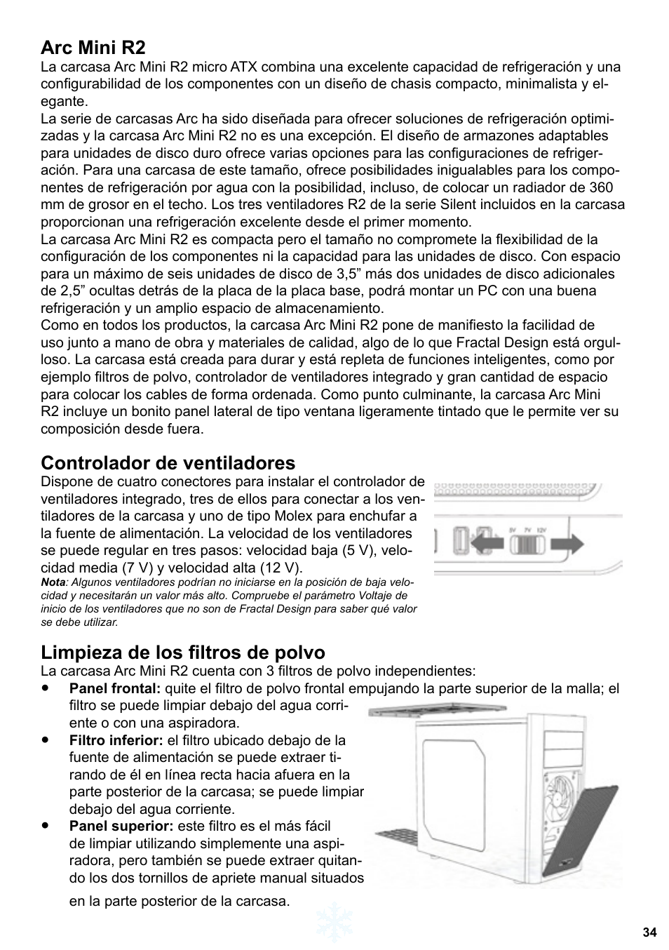 Arc mini r2, Controlador de ventiladores, Limpieza de los filtros de polvo | Fractal Design Arc Mini R2 User Manual | Page 35 / 45