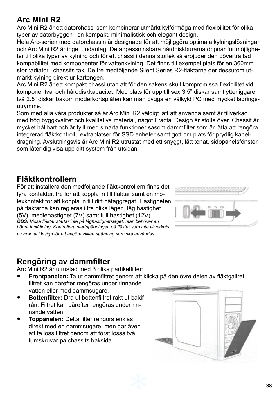 Arc mini r2, Fläktkontrollern, Rengöring av dammfilter | Fractal Design Arc Mini R2 User Manual | Page 39 / 45