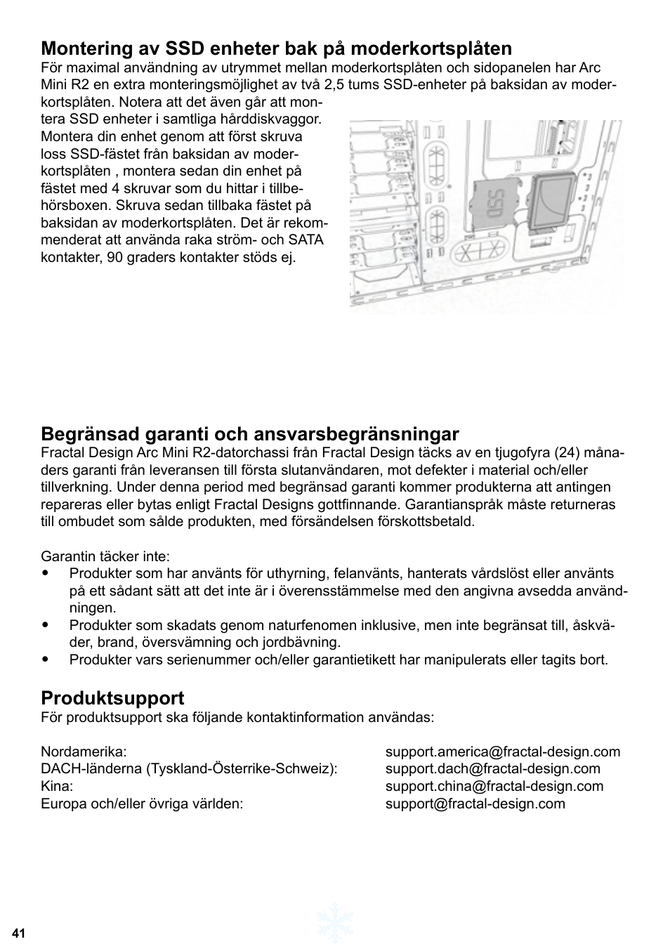 Montering av ssd enheter bak på moderkortsplåten, Begränsad garanti och ansvarsbegränsningar, Produktsupport | Fractal Design Arc Mini R2 User Manual | Page 42 / 45