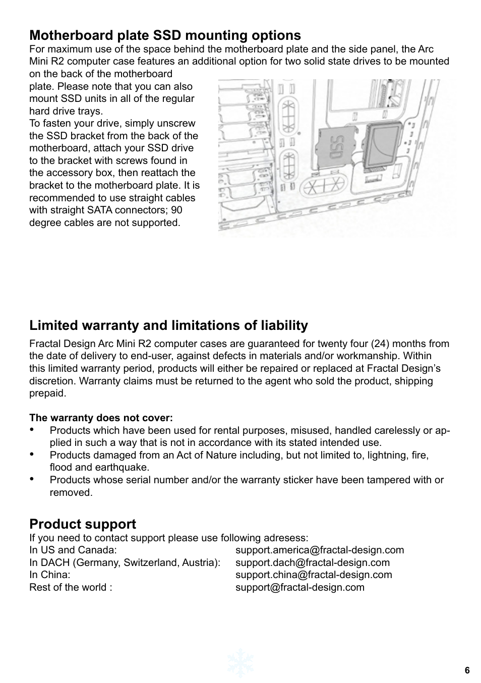 Motherboard plate ssd mounting options, Limited warranty and limitations of liability, Product support | Fractal Design Arc Mini R2 User Manual | Page 7 / 45