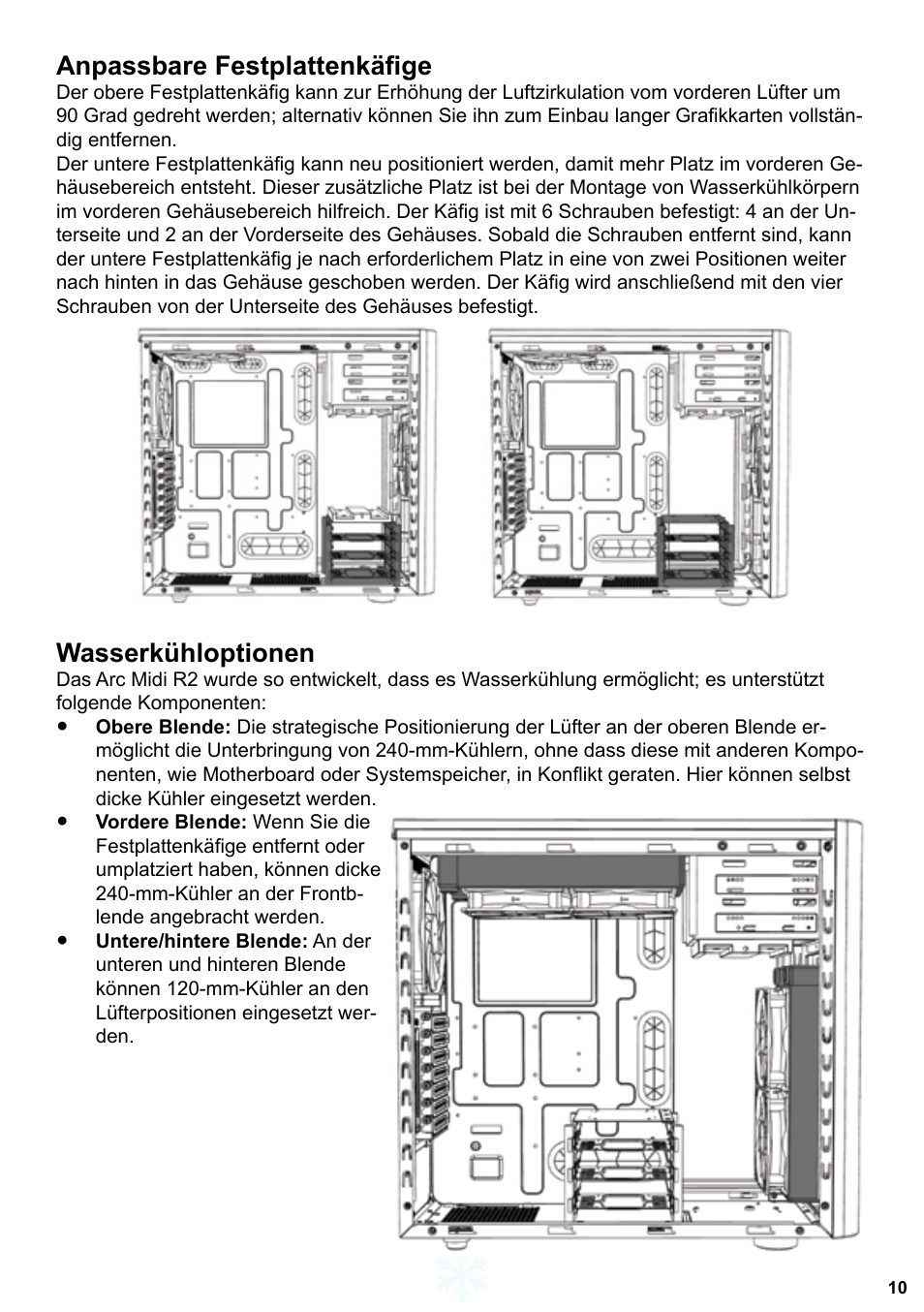 Anpassbare festplattenkäfige, Wasserkühloptionen | Fractal Design ARC Midi R2 Solid Side Panel User Manual | Page 11 / 39