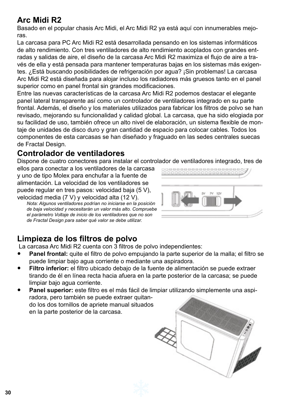 Arc midi r2, Controlador de ventiladores, Limpieza de los filtros de polvo | Fractal Design ARC Midi R2 Solid Side Panel User Manual | Page 31 / 39
