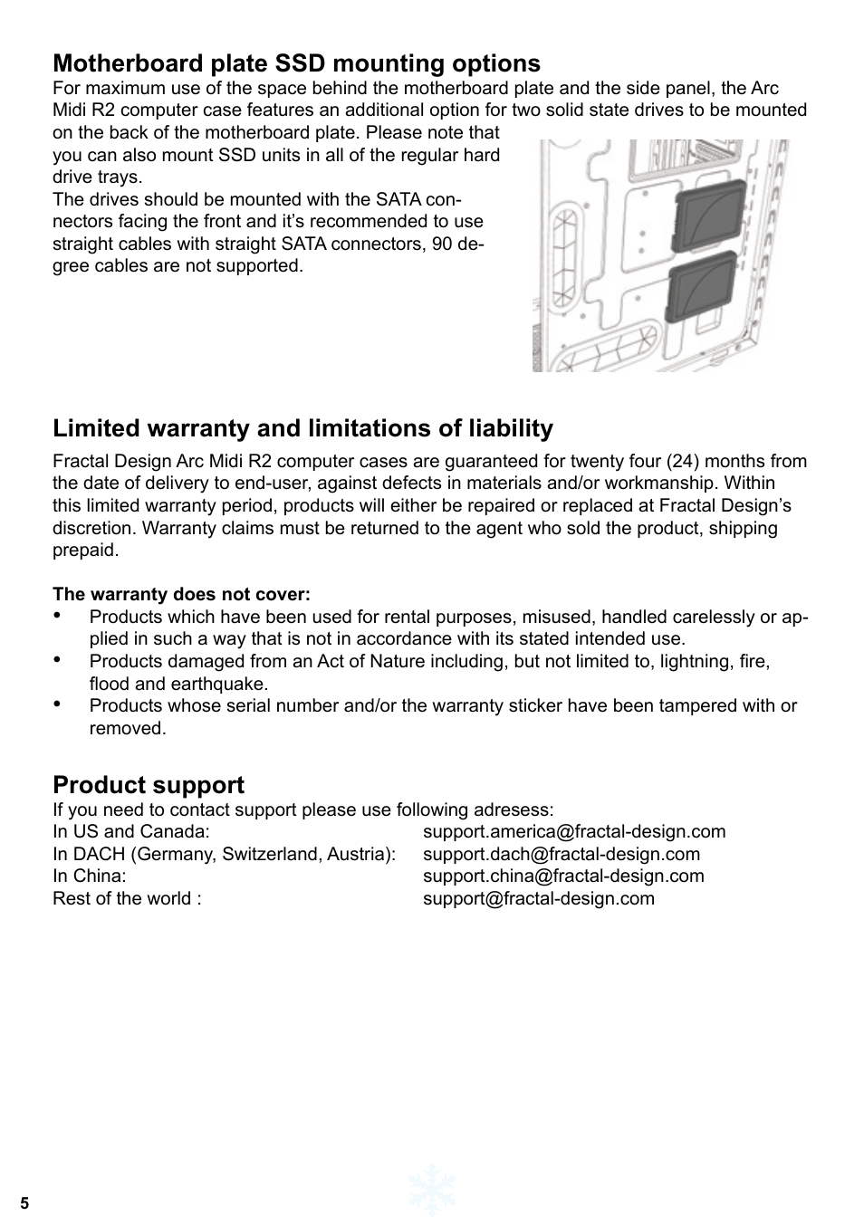 Motherboard plate ssd mounting options, Limited warranty and limitations of liability, Product support | Fractal Design ARC Midi R2 Solid Side Panel User Manual | Page 6 / 39