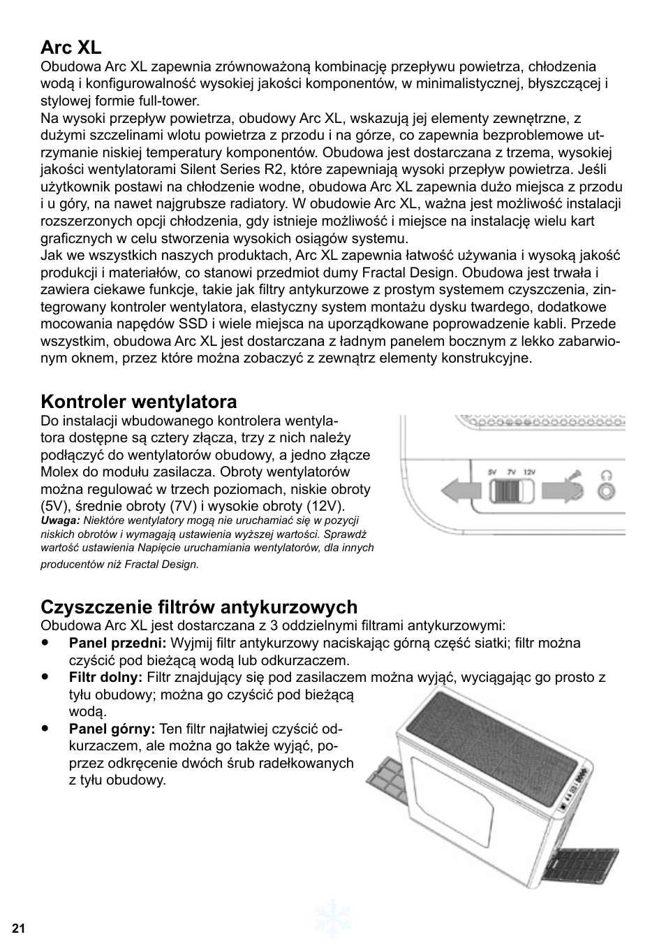 Arc xl, Kontroler wentylatora, Czyszczenie filtrów antykurzowych | Fractal Design Arc XL User Manual | Page 22 / 36