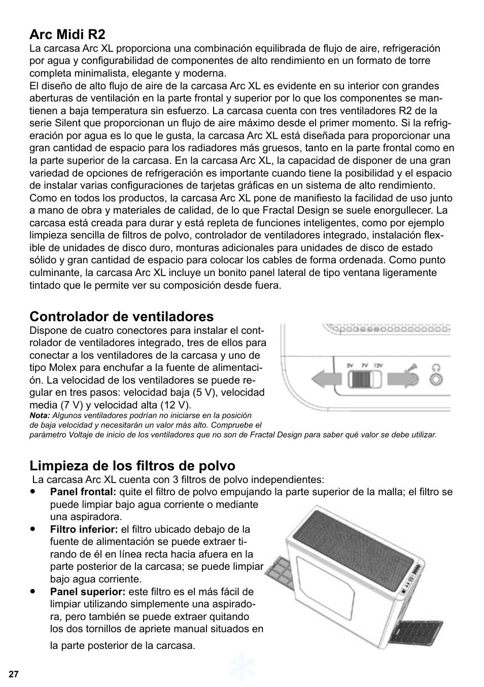 Arc midi r2, Controlador de ventiladores, Limpieza de los filtros de polvo | Fractal Design Arc XL User Manual | Page 28 / 36