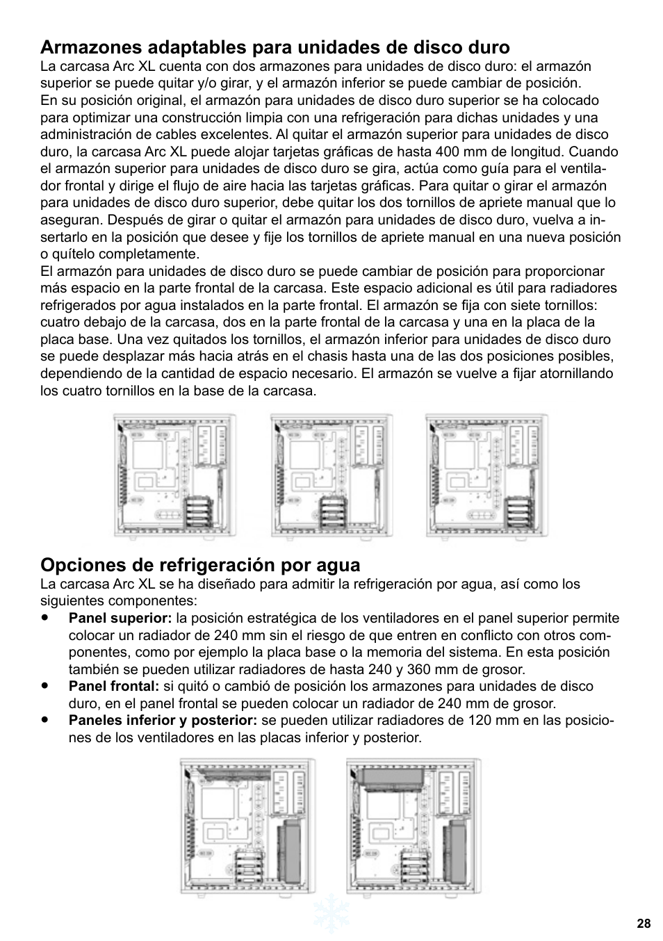 Armazones adaptables para unidades de disco duro, Opciones de refrigeración por agua | Fractal Design Arc XL User Manual | Page 29 / 36