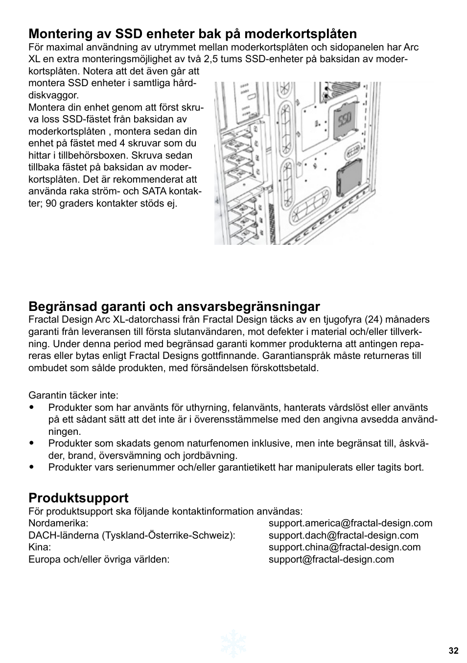 Montering av ssd enheter bak på moderkortsplåten, Begränsad garanti och ansvarsbegränsningar, Produktsupport | Fractal Design Arc XL User Manual | Page 33 / 36