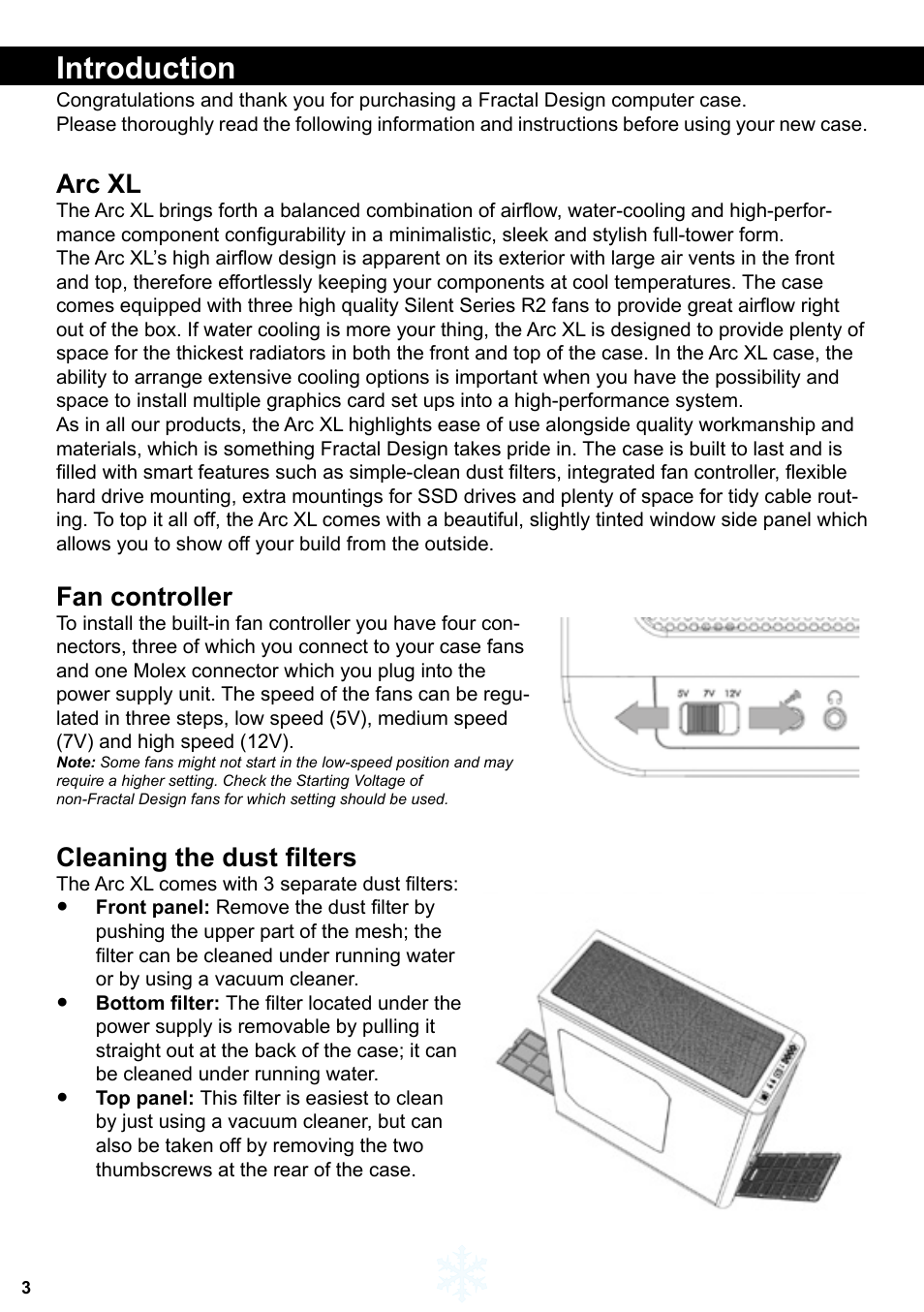 Introduction, Arc xl, Fan controller | Cleaning the dust filters | Fractal Design Arc XL User Manual | Page 4 / 36