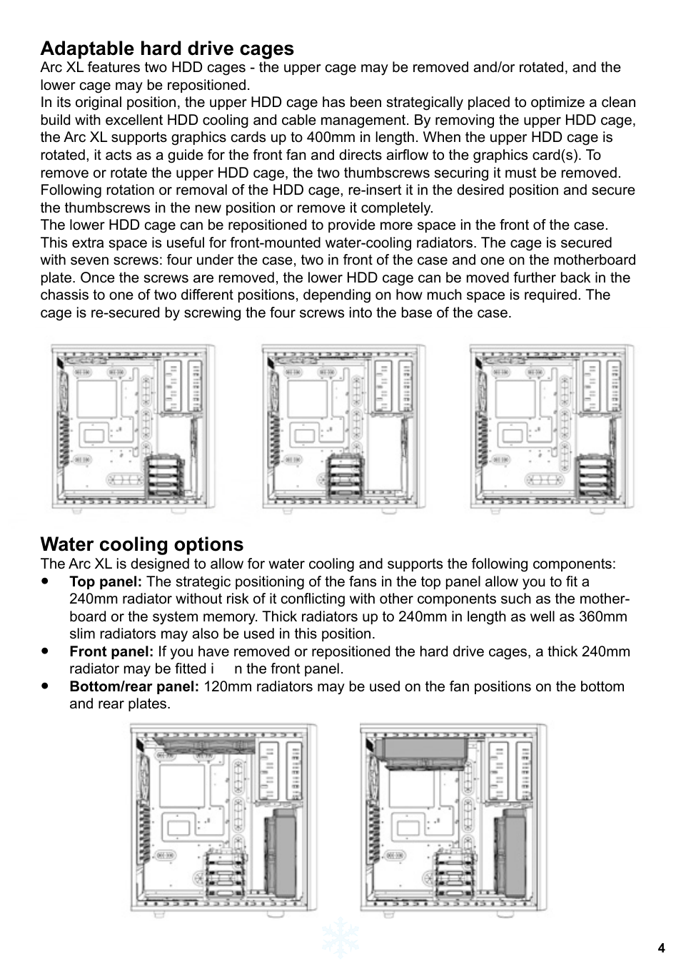 Adaptable hard drive cages, Water cooling options | Fractal Design Arc XL User Manual | Page 5 / 36