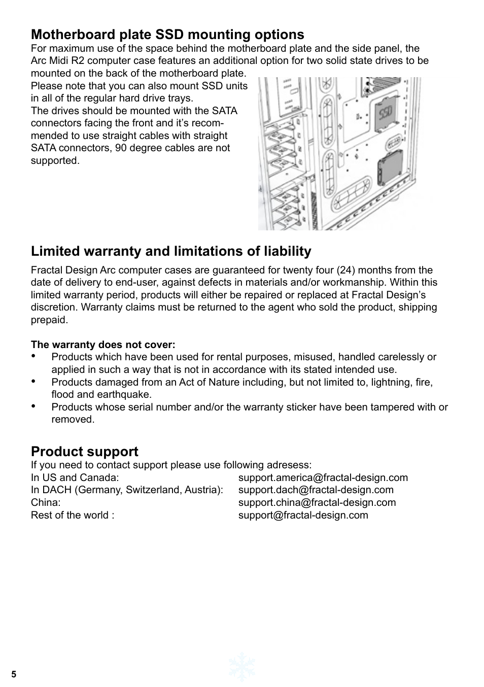 Motherboard plate ssd mounting options, Limited warranty and limitations of liability, Product support | Fractal Design Arc XL User Manual | Page 6 / 36