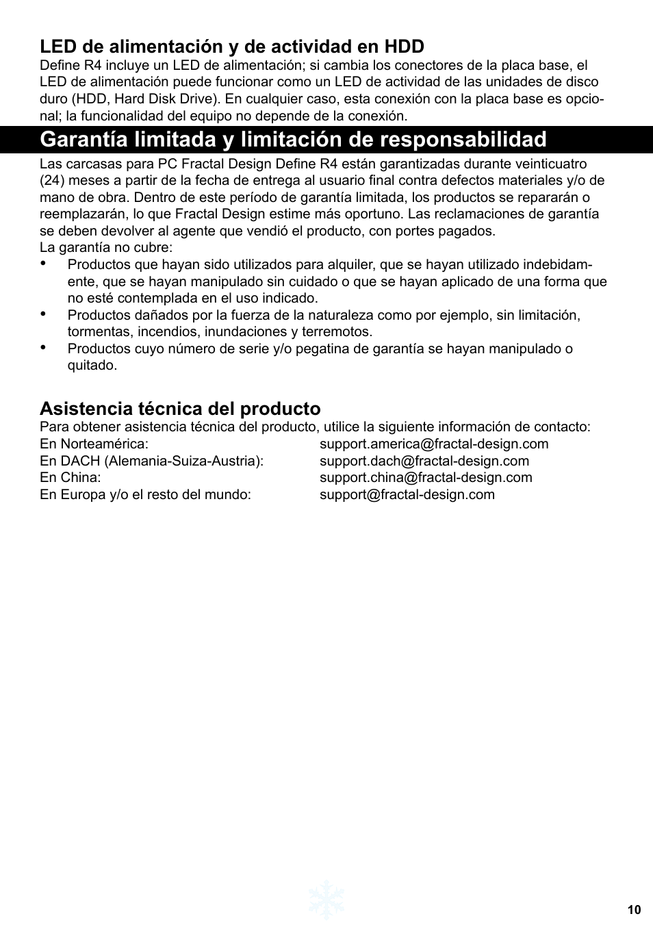 Garantía limitada y limitación de responsabilidad, Led de alimentación y de actividad en hdd, Asistencia técnica del producto | Fractal Design Define R4 Titanium Grey Window User Manual | Page 11 / 37