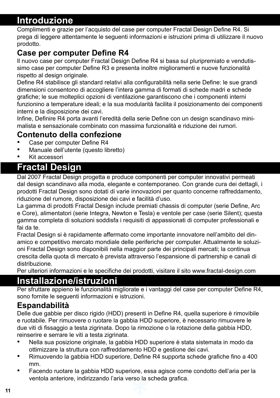 Introduzione, Fractal design, Installazione/istruzioni | Case per computer define r4, Contenuto della confezione, Espandabilità | Fractal Design Define R4 Titanium Grey Window User Manual | Page 12 / 37