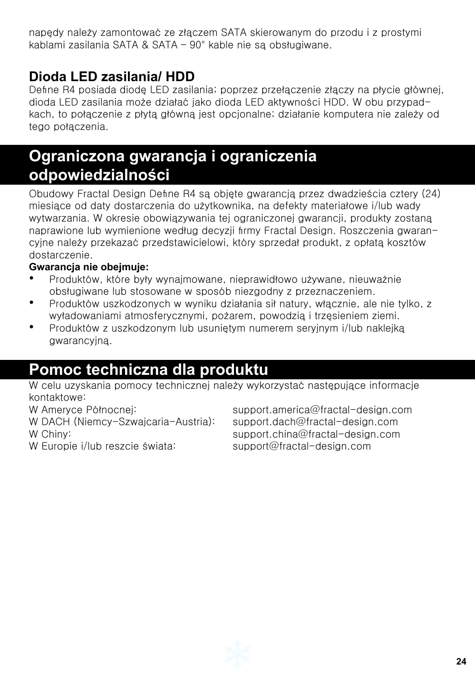 Pomoc techniczna dla produktu, Dioda led zasilania/ hdd | Fractal Design Define R4 Titanium Grey Window User Manual | Page 25 / 37