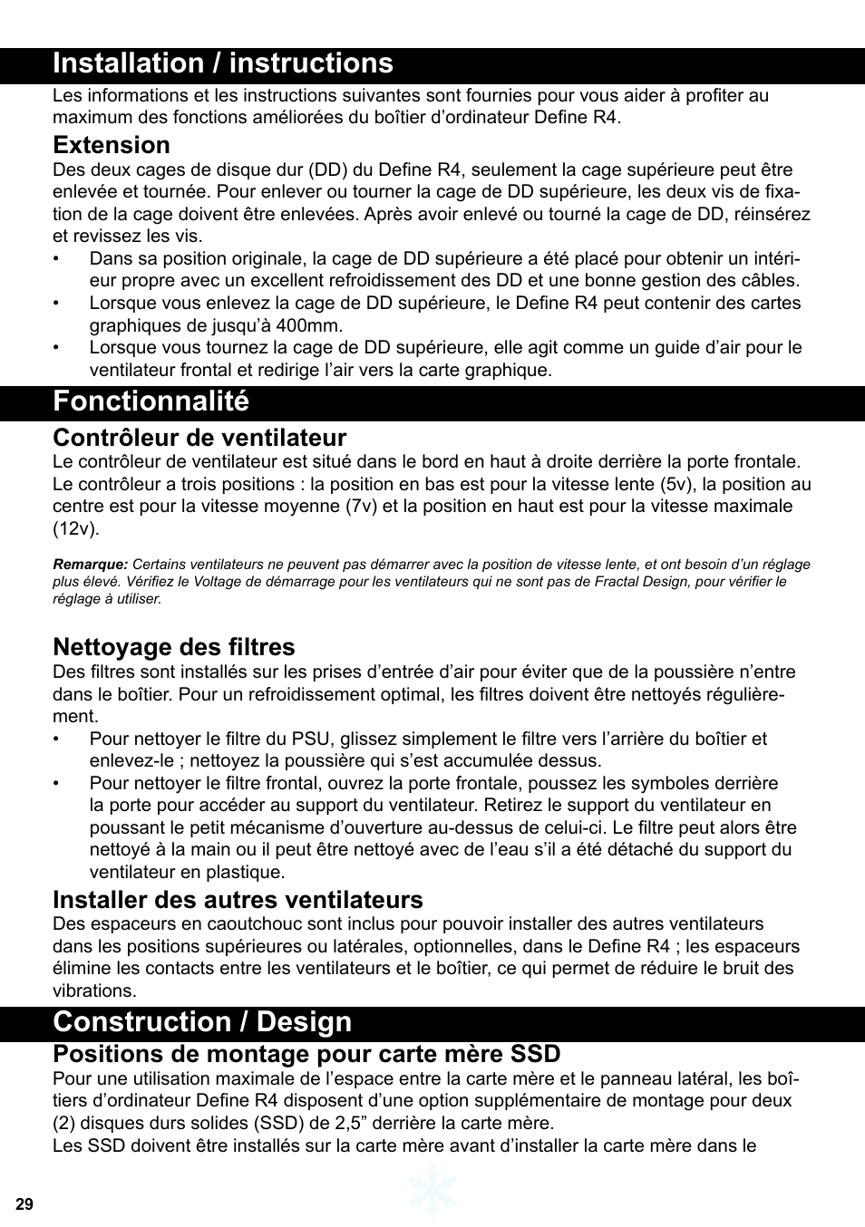 Installation / instructions, Fonctionnalité, Construction / design | Extension, Contrôleur de ventilateur, Nettoyage des filtres, Installer des autres ventilateurs, Positions de montage pour carte mère ssd | Fractal Design Define R4 Titanium Grey Window User Manual | Page 30 / 37
