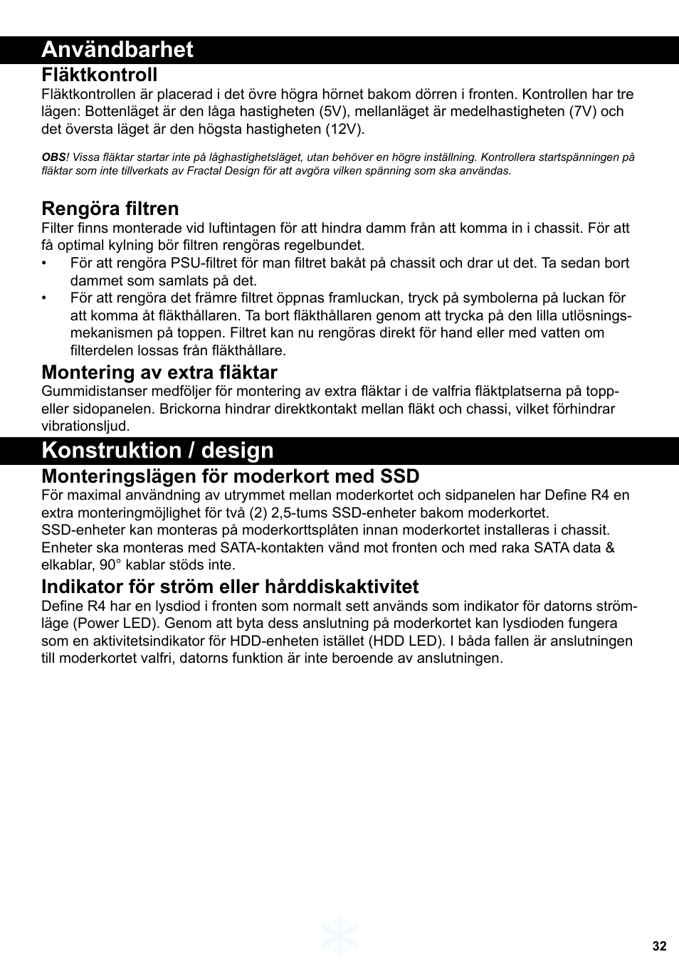 Användbarhet, Konstruktion / design, Fläktkontroll | Rengöra filtren, Montering av extra fläktar, Monteringslägen för moderkort med ssd, Indikator för ström eller hårddiskaktivitet | Fractal Design Define R4 Titanium Grey Window User Manual | Page 33 / 37