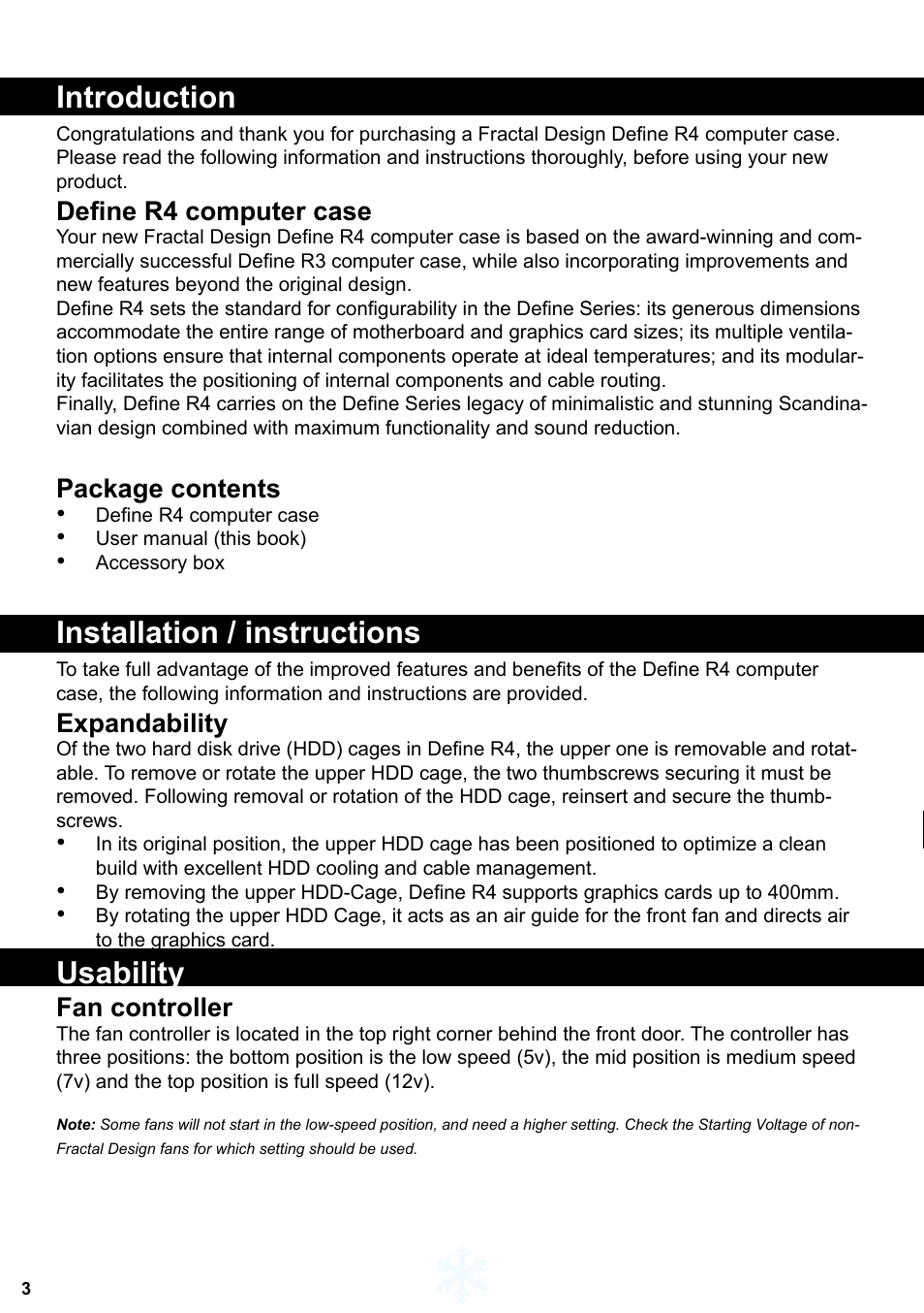 Introduction, Installation / instructions, Usability | Define r4 computer case, Package contents, Expandability, Fan controller | Fractal Design Define R4 Titanium Grey Window User Manual | Page 4 / 37