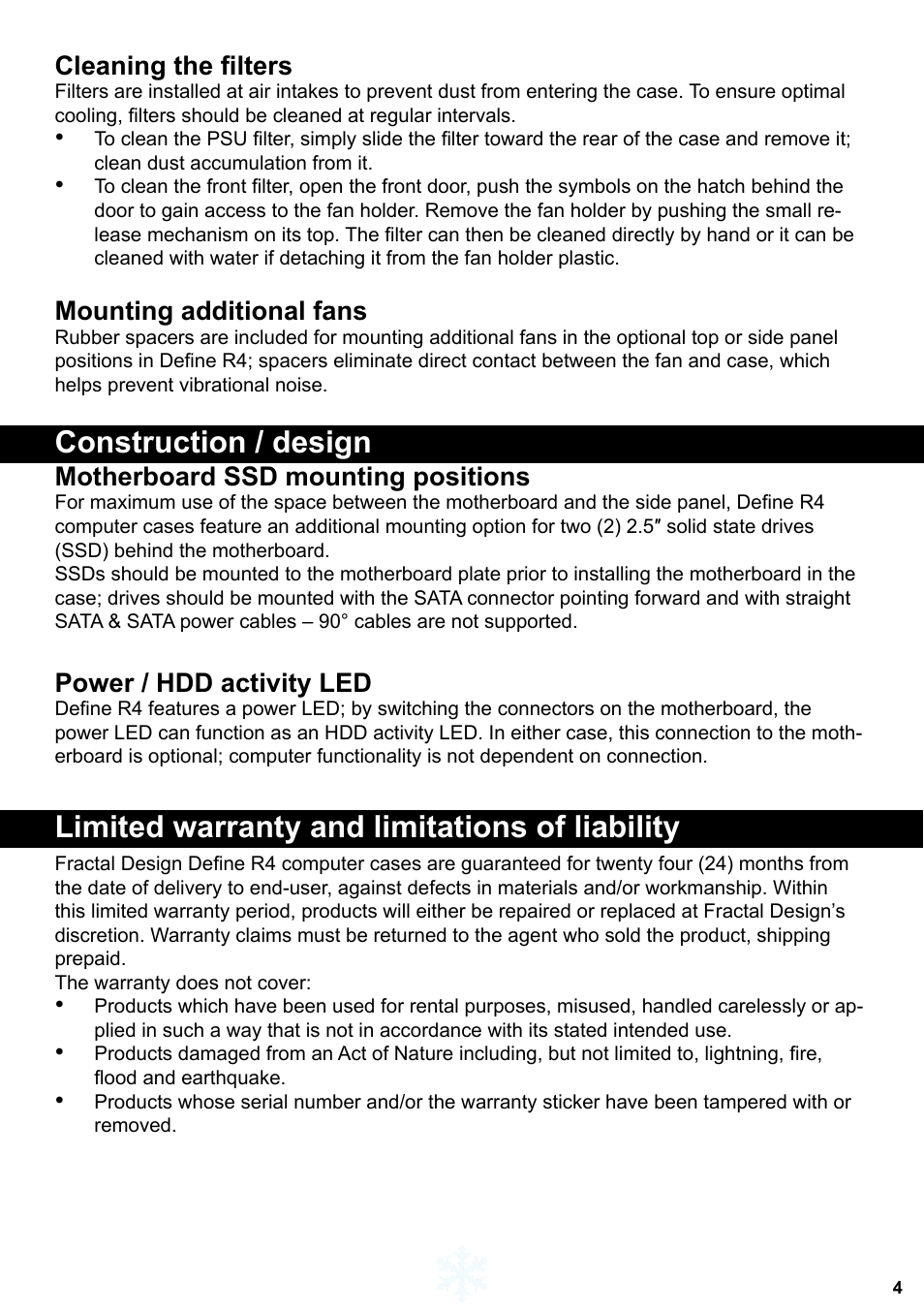 Construction / design, Limited warranty and limitations of liability, Cleaning the filters | Mounting additional fans, Motherboard ssd mounting positions, Power / hdd activity led | Fractal Design Define R4 Titanium Grey Window User Manual | Page 5 / 37