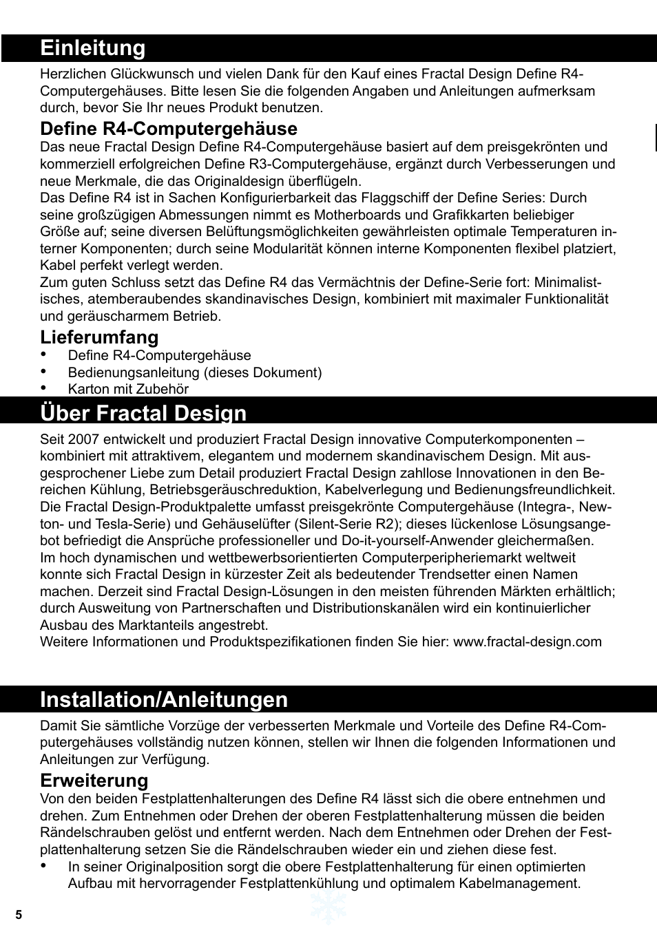 Einleitung, Über fractal design, Installation/anleitungen | Define r4-computergehäuse, Lieferumfang, Erweiterung | Fractal Design Define R4 Titanium Grey Window User Manual | Page 6 / 37