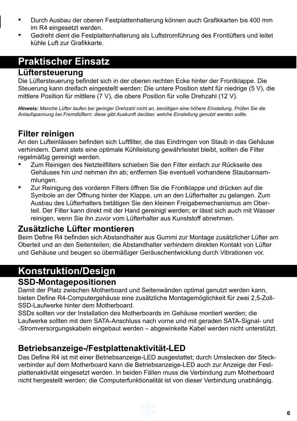 Praktischer einsatz, Konstruktion/design, Lüftersteuerung | Filter reinigen, Zusätzliche lüfter montieren, Ssd-montagepositionen, Betriebsanzeige-/festplattenaktivität-led | Fractal Design Define R4 Titanium Grey Window User Manual | Page 7 / 37