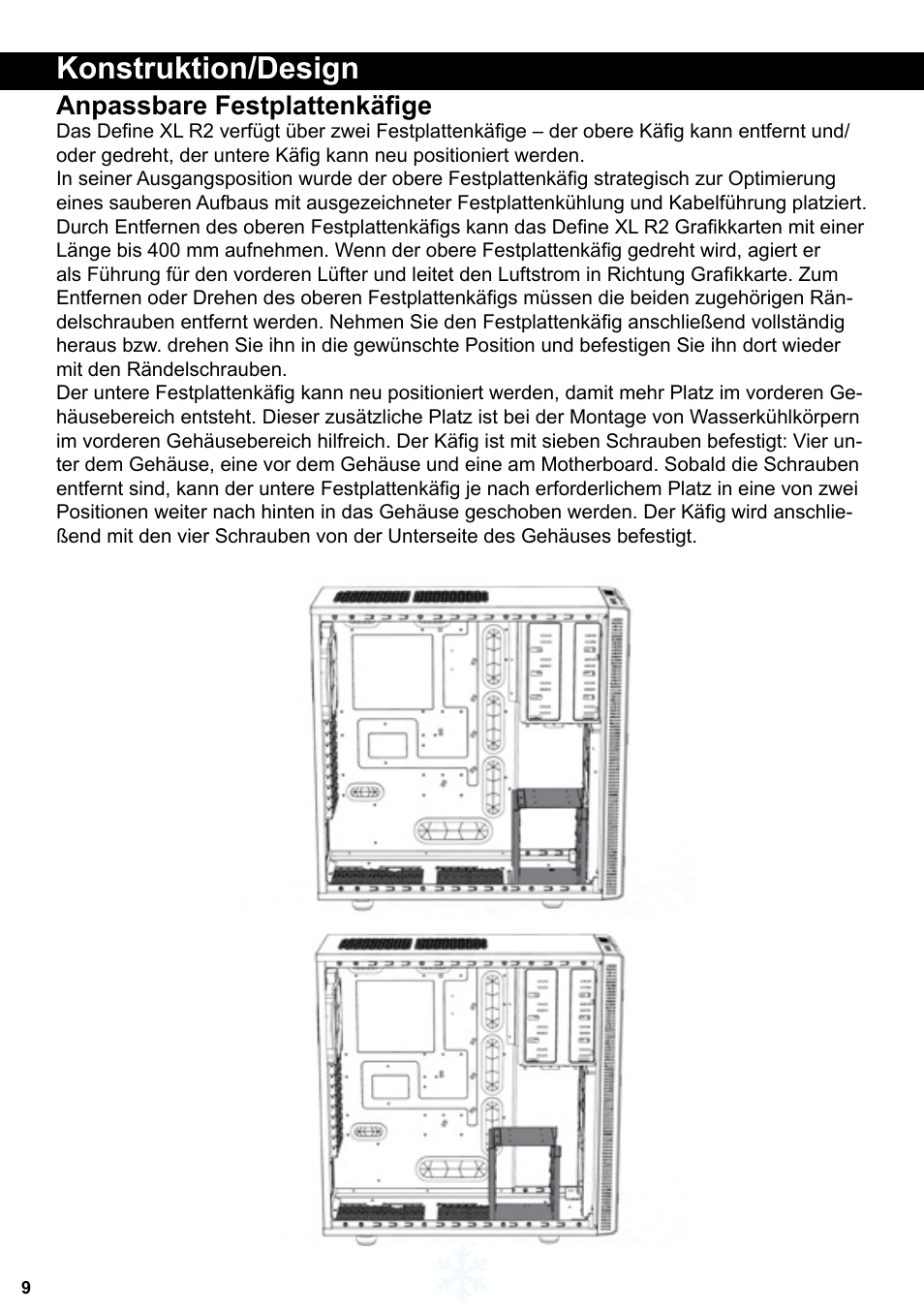 Konstruktion/design, Anpassbare festplattenkäfige | Fractal Design Define XL R2 Titanium Grey User Manual | Page 10 / 50