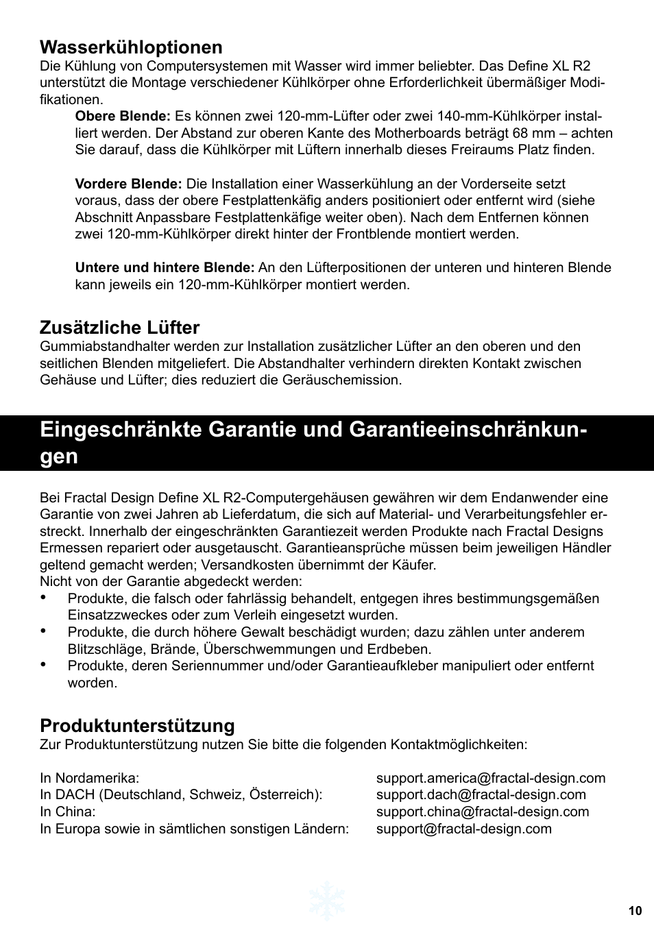 Wasserkühloptionen, Zusätzliche lüfter, Produktunterstützung | Fractal Design Define XL R2 Titanium Grey User Manual | Page 11 / 50