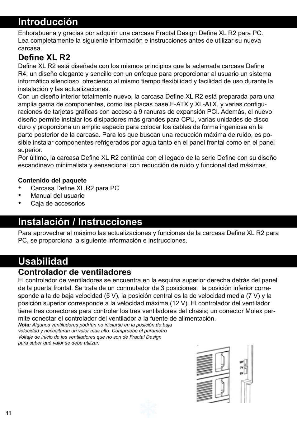 Introducción, Instalación / instrucciones, Usabilidad | Define xl r2, Controlador de ventiladores | Fractal Design Define XL R2 Titanium Grey User Manual | Page 12 / 50