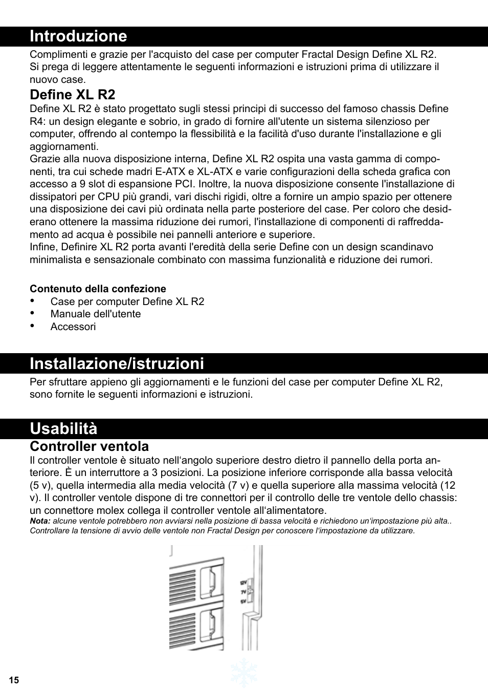Introduzione, Installazione/istruzioni, Usabilità | Define xl r2, Controller ventola | Fractal Design Define XL R2 Titanium Grey User Manual | Page 16 / 50