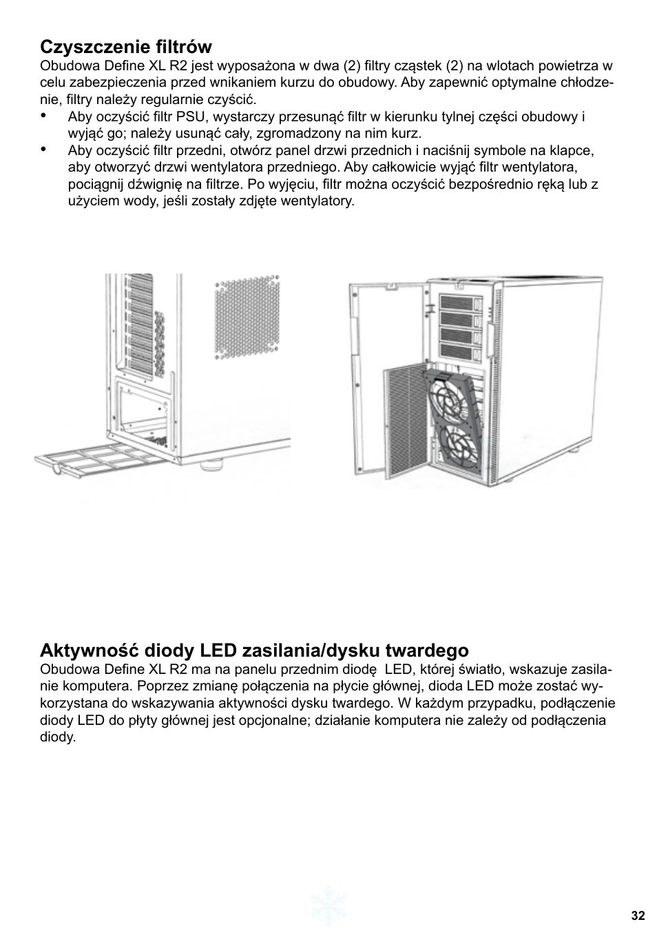 Czyszczenie filtrów, Aktywność diody led zasilania/dysku twardego | Fractal Design Define XL R2 Titanium Grey User Manual | Page 33 / 50
