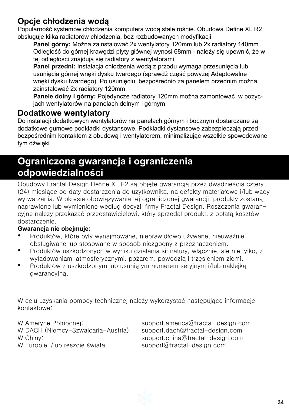 Pomoc techniczna dla produktu, Opcje chłodzenia wodą, Dodatkowe wentylatory | Fractal Design Define XL R2 Titanium Grey User Manual | Page 35 / 50
