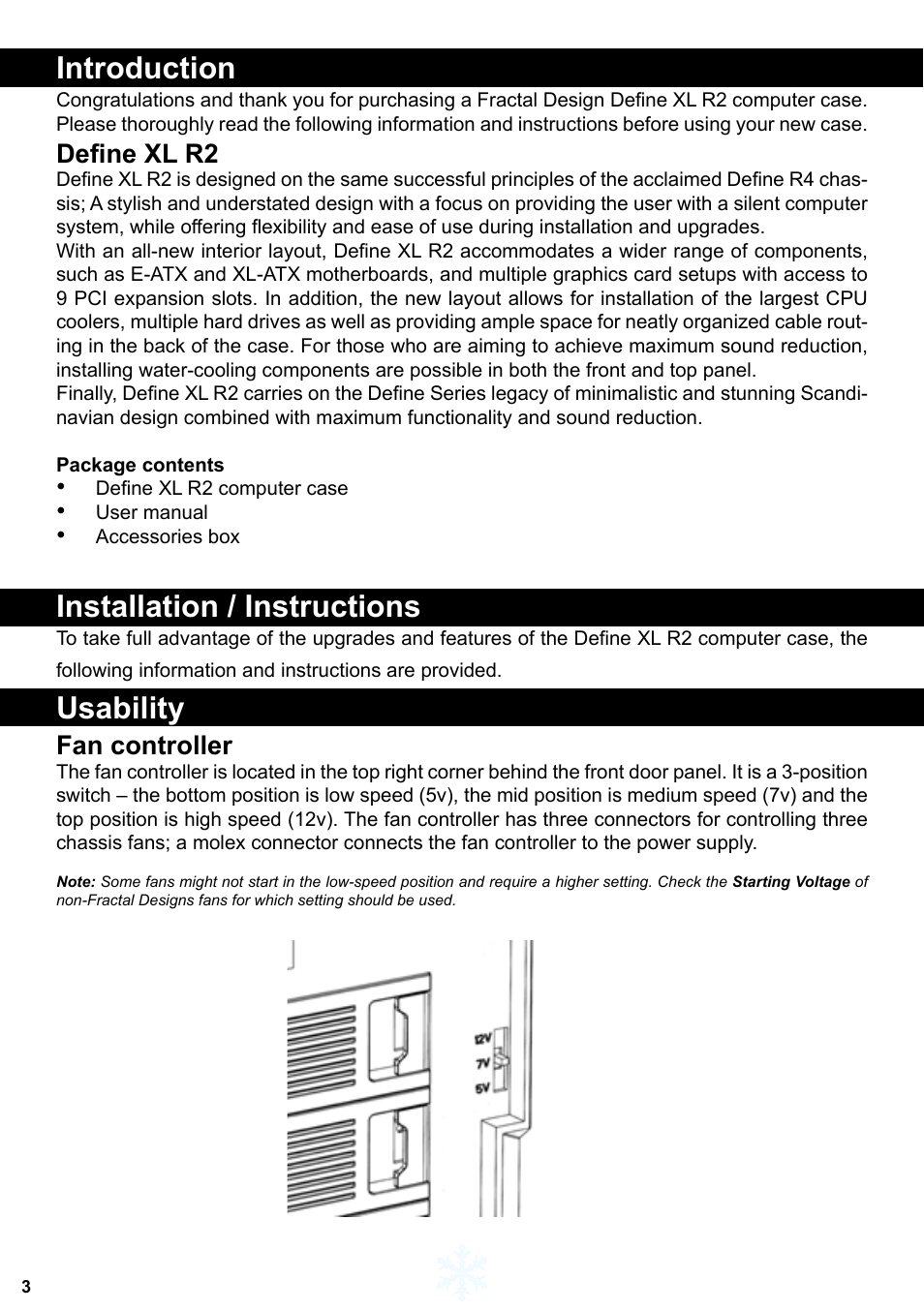 Introduction, Installation / instructions, Usability | Define xl r2, Fan controller | Fractal Design Define XL R2 Titanium Grey User Manual | Page 4 / 50