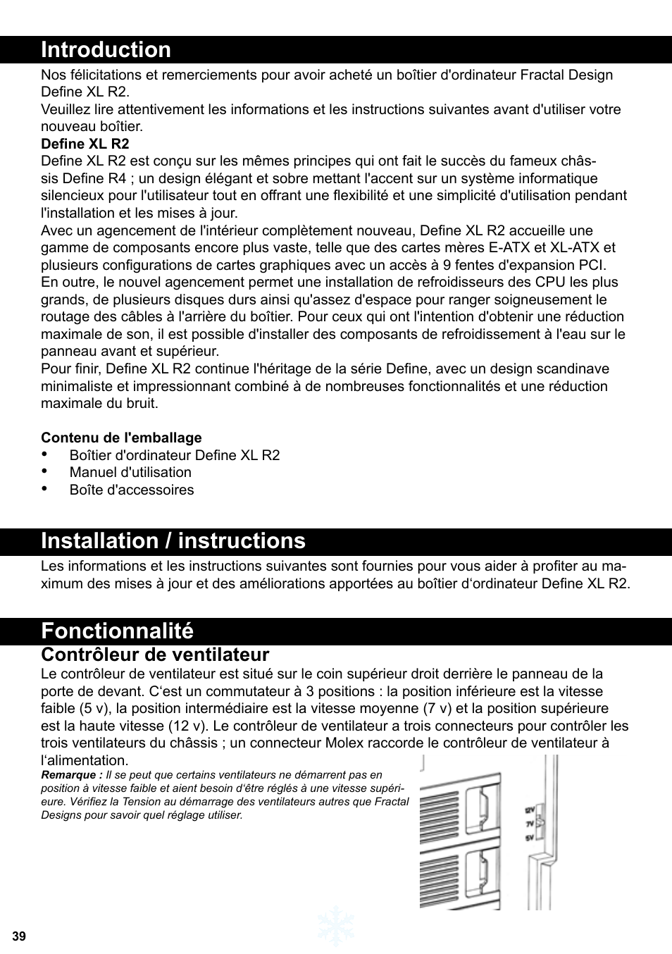 Introduction, Installation / instructions, Fonctionnalité | Contrôleur de ventilateur | Fractal Design Define XL R2 Titanium Grey User Manual | Page 40 / 50