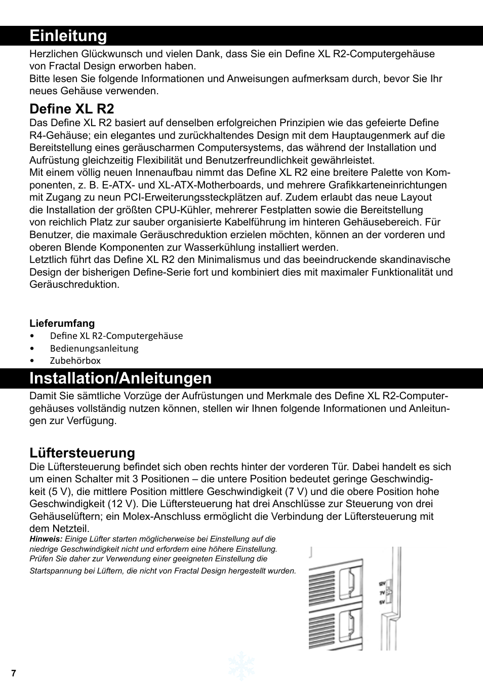 Einleitung, Installation/anleitungen, Define xl r2 | Lüftersteuerung | Fractal Design Define XL R2 Titanium Grey User Manual | Page 8 / 50