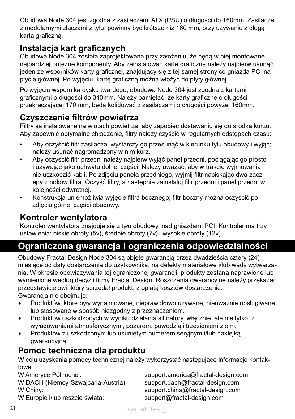 Instalacja kart graficznych, Czyszczenie filtrów powietrza, Kontroler wentylatora | Pomoc techniczna dla produktu | Fractal Design Node 304 White User Manual | Page 24 / 34