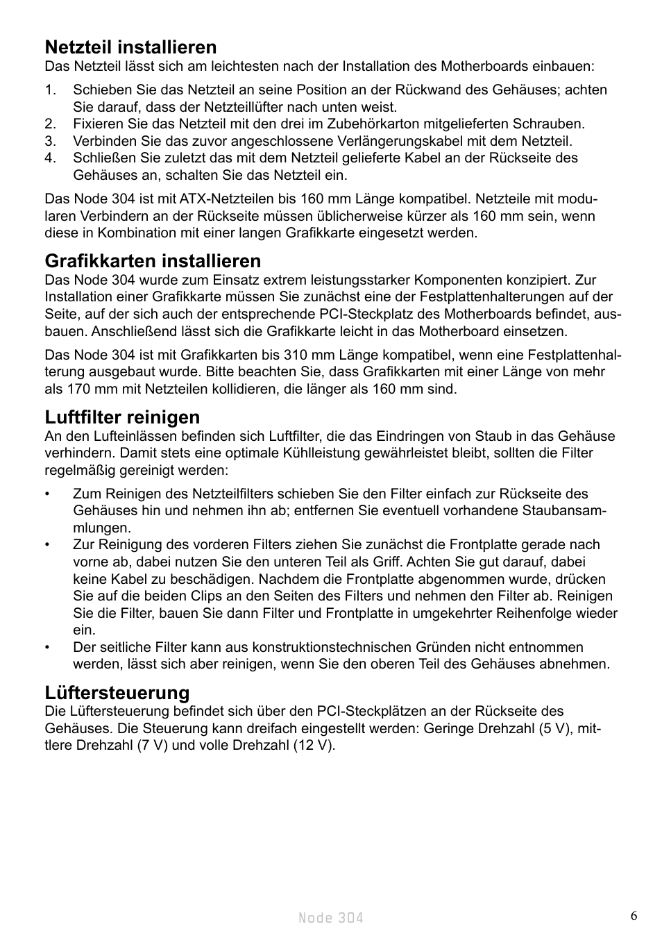 Netzteil installieren, Grafikkarten installieren, Luftfilter reinigen | Lüftersteuerung | Fractal Design Node 304 White User Manual | Page 9 / 34