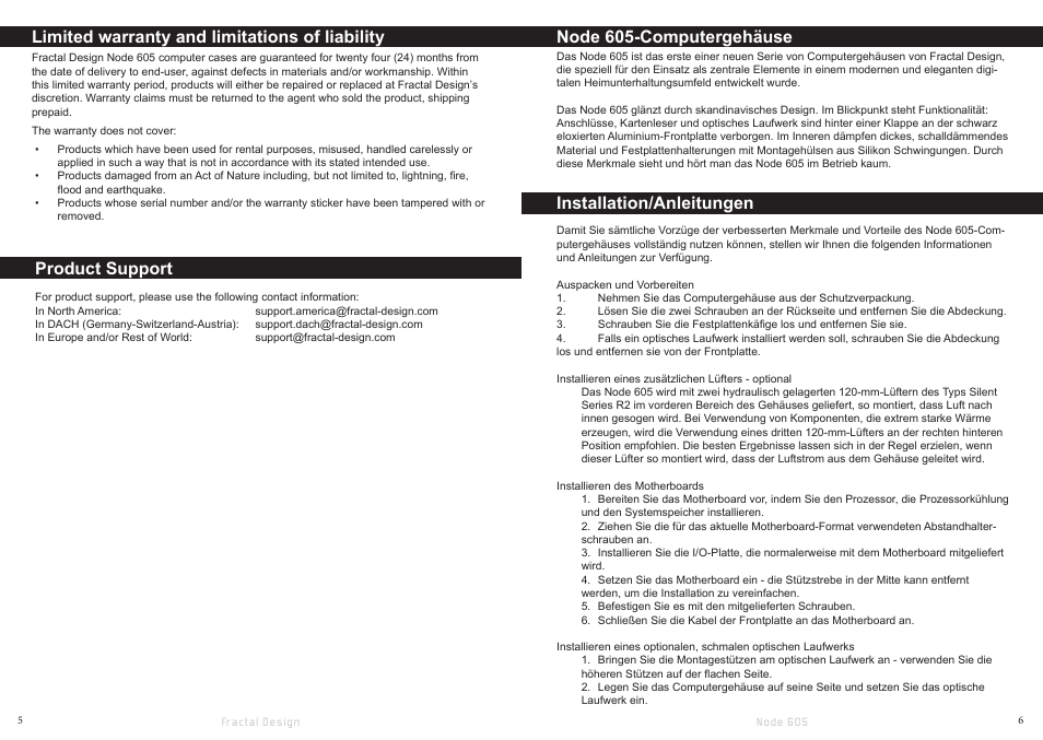 Node 605-computergehäuse, Installation/anleitungen, Limited warranty and limitations of liability | Product support | Fractal Design Node 605 User Manual | Page 5 / 19