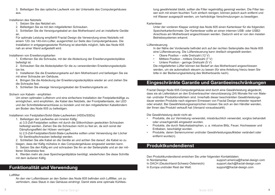 Funktionalität und verwendung, Produktkundendienst | Fractal Design Node 605 User Manual | Page 6 / 19