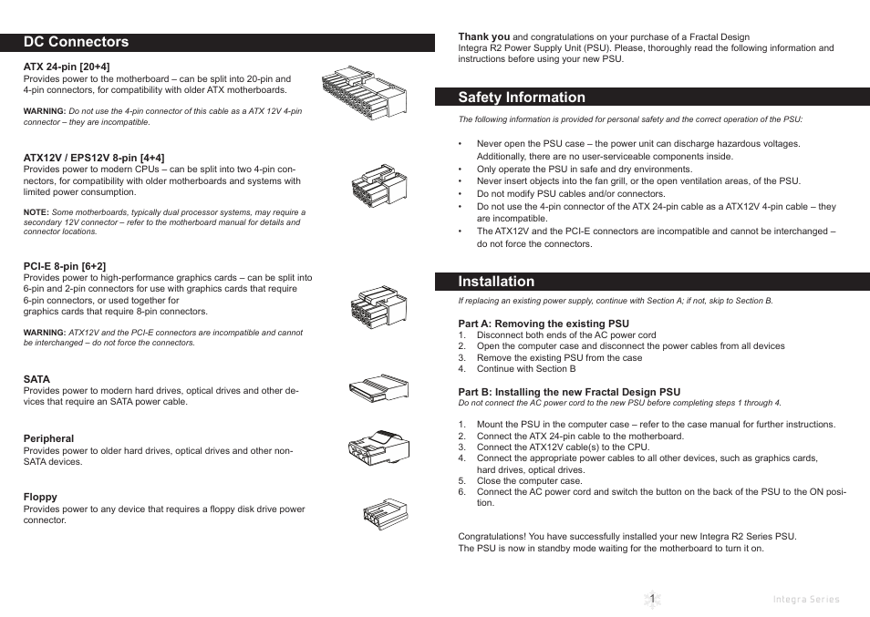 Dc connectors, Safety information, Installation | Fractal Design Integra R2 750W User Manual | Page 3 / 15
