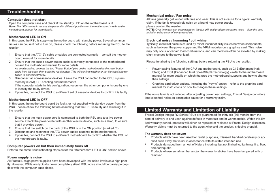 Troubleshooting, Limited warranty and limitation of liability | Fractal Design Integra R2 750W User Manual | Page 4 / 15