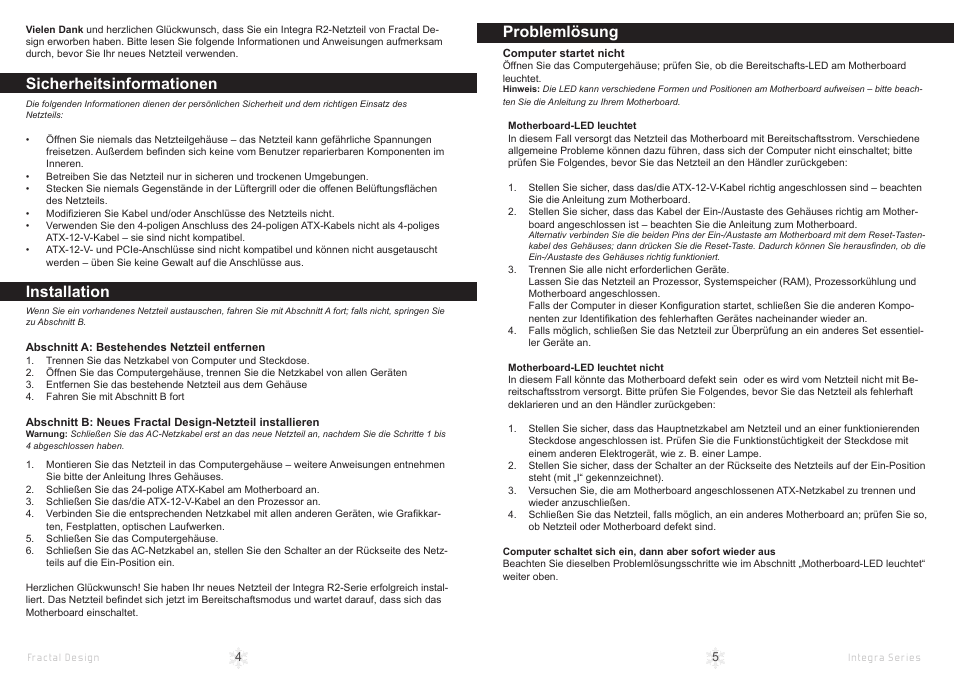 Sicherheitsinformationen, Installation, Problemlösung | Fractal Design Integra R2 750W User Manual | Page 5 / 15